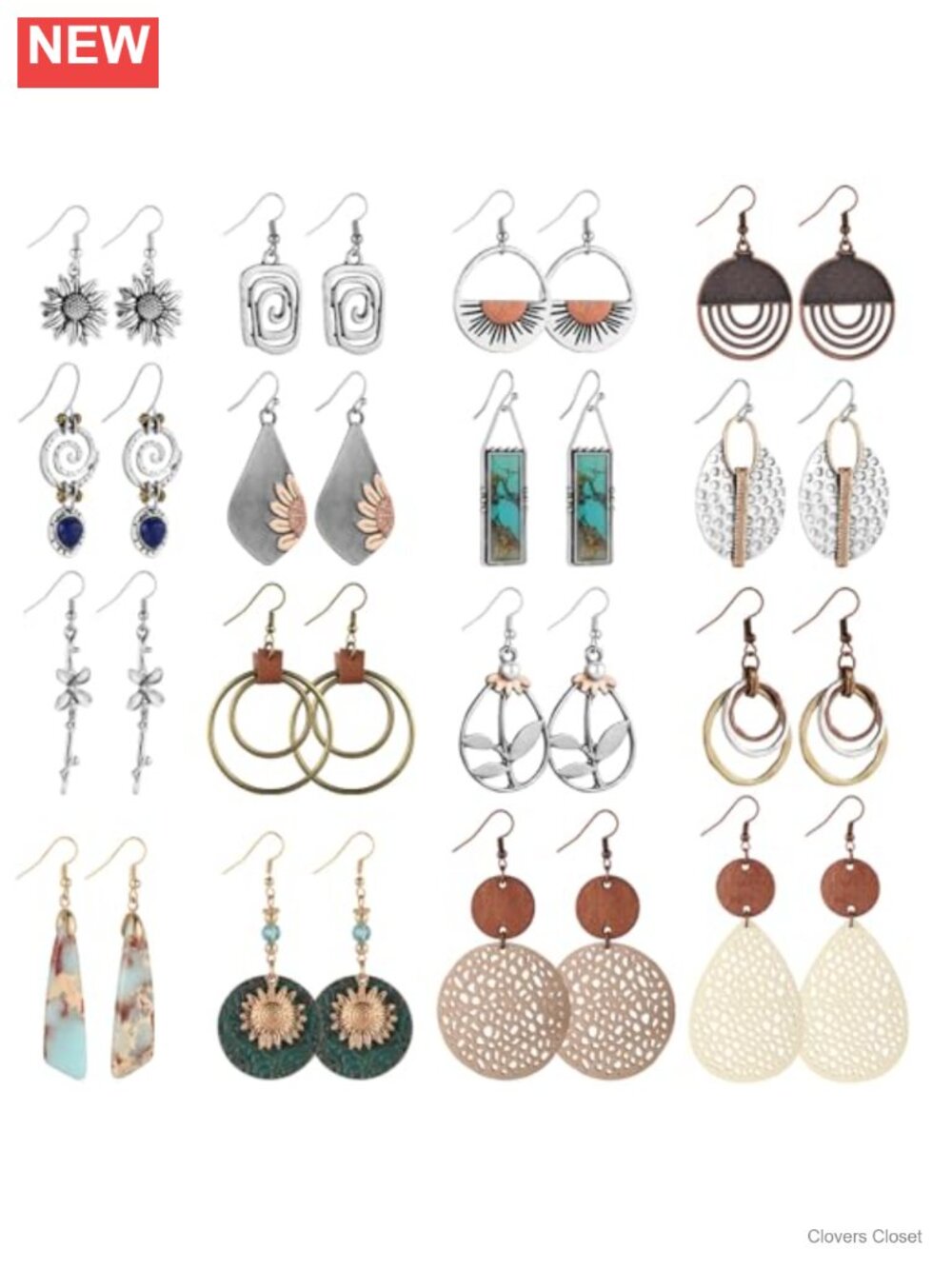16 Pairs Dangle Earrings Set - Wood Leather Alloy Vintage Statement Bohemian